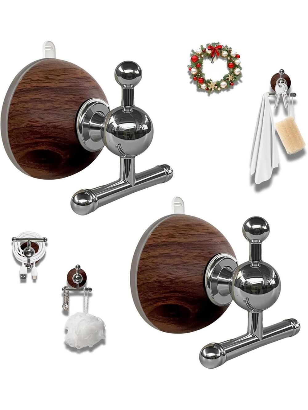 T-Bar Suction Cup Hooks for Shower Suction Cup Wreath Hanger for 2 Pack Walnut